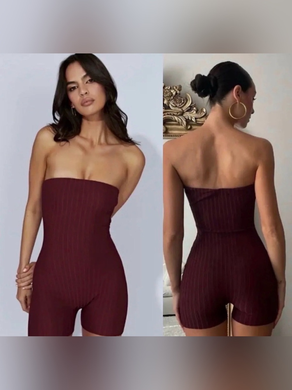 Meshki Strapless Ribbed Romper - Burgundy
